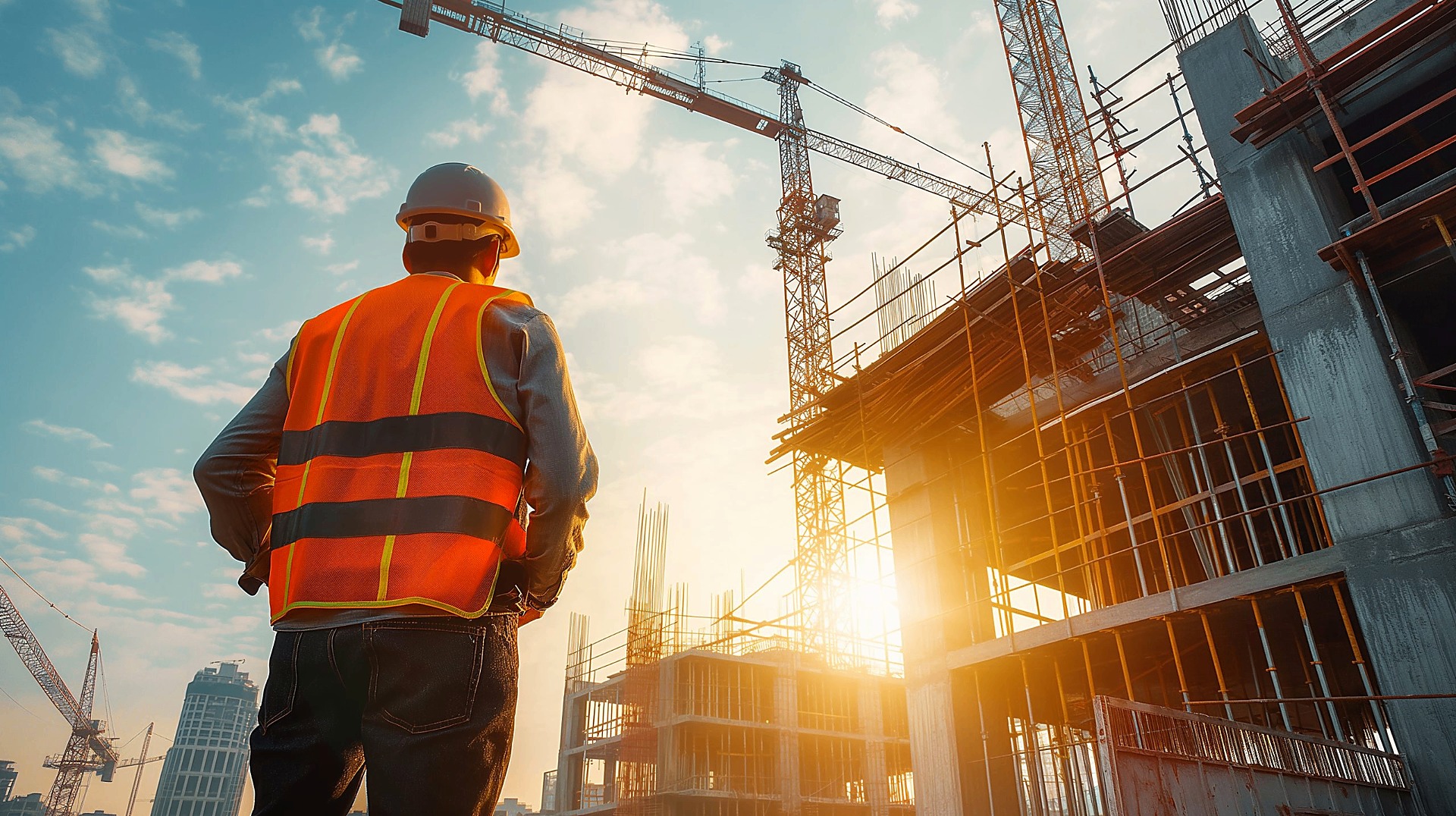 Construction business owner overlooking a job site at sunrise
